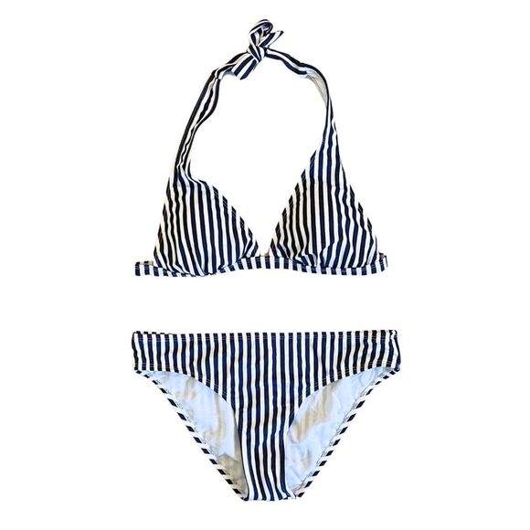 NWT Ocean 101 Bikini Two Piece Swimsuit White Navy Stripe M - Picture 1 of 6
